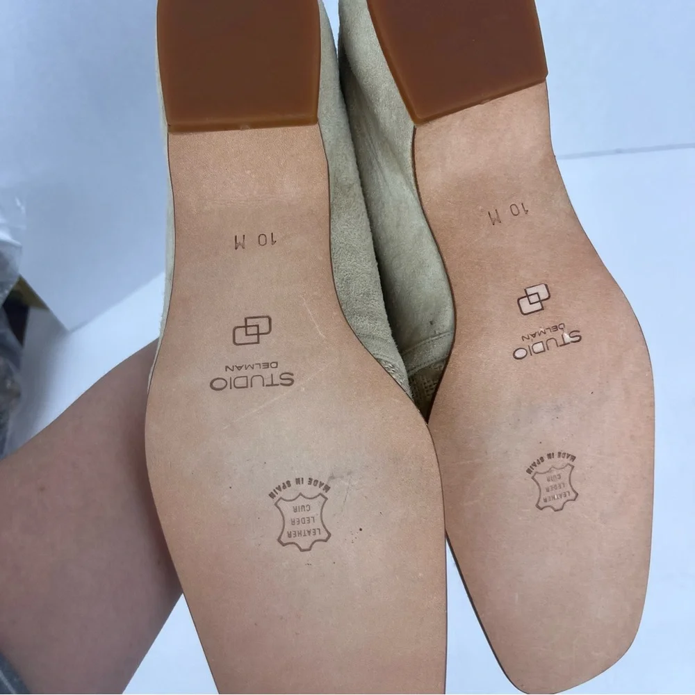 Studio Delman square toe cream/tan shoe with suede & woven floral uppers-10 - Picture 8 of 13
